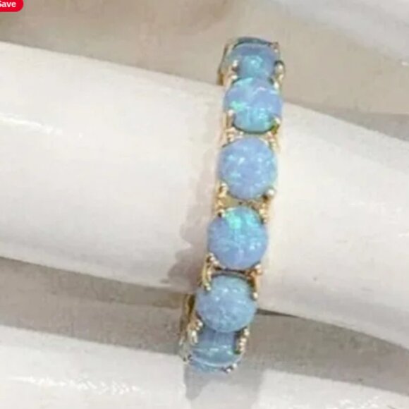 Beautiful Shimmering Lab Created Blue Opal Ring Band sz 6 - Picture 2 of 4